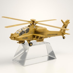 May include: A tan toy helicopter with the text "US ARMY" and "UNITED.STATES.ARMY" printed on the side. The helicopter has a clear cockpit and is displayed on a clear, angled stand.