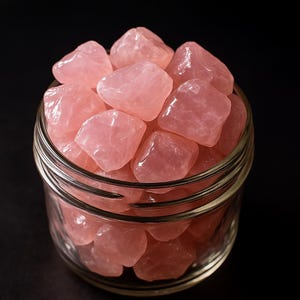 May include: A clear glass jar filled with polished, light pink rose quartz stones. The stones have a smooth, rounded shape and a translucent appearance. The jar is set against a dark background.
