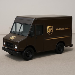 May include: A brown UPS delivery truck with black wheels and the UPS logo on the front and side. The words "Worldwide Services" are printed on the side of the truck.