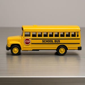 May include: A yellow toy school bus with black accents. The bus has the words "SCHOOL BUS" printed on the side and a "STOP" sign. The bus has black wheels and is sitting on a silver surface.