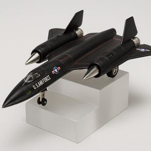 May include: A black SR-71 Blackbird model airplane with silver accents and red trim. The model features the text "U.S. AIR FORCE" and a star emblem. The toy plane is displayed on a clear, rectangular stand.