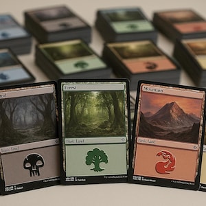 May include: Stacks of Magic: The Gathering trading cards featuring various landscapes. Individual cards display images of an island, forest, mountain, and plains. The cards are labeled "Basic Land" and include symbols.