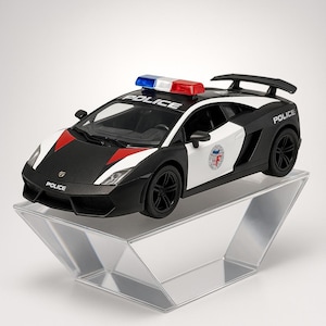 May include: A black, white, and red toy police car with the word "POLICE" on the hood and roof. The car has a blue and red light bar and is displayed on a clear, angled stand.