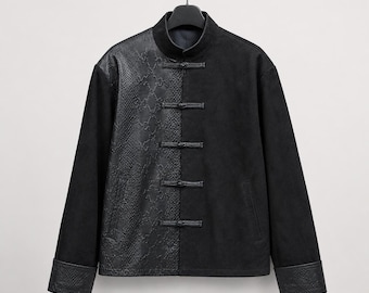Men Black Tang Suit Jacket, Suede Leather Snake Texture Hanfu Style Stand Collar Streetwear
