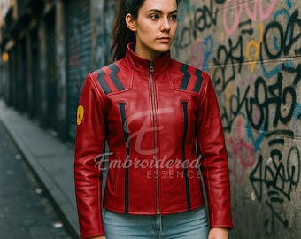 Chaqueta de cuero auténtico de Misato Katsuragi hecha a mano – Cosplay de anime para mujer / Regalo de Halloween y Navidad