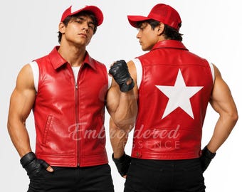 Terry Bogard Inspired Red Leather Vest | KOF Gaming Cosplay Outfit | Men Anime Fighter Vest