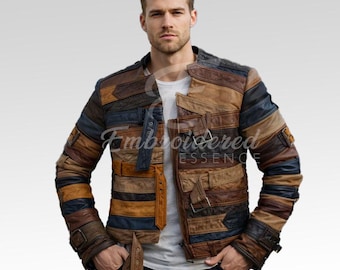 Chaqueta biker de cuero con cinturón y patchwork: abrigo llamativo inspirado en la pasarela de 2012