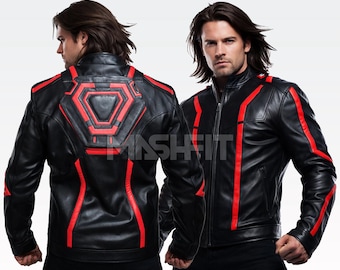 Veste Techwear inspirée de Tron Ares | Veste en cuir rouge futuriste | Déguisement science-fiction illuminé