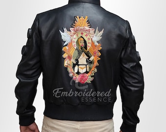 Chaqueta Cyberpunk 2077 de Jackie Welles: bomber Valentino negra, traje de cosplay gamer, ropa urbana futurista de cuero.