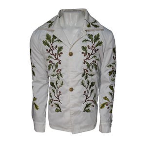 Saltburn-Inspired Oliver Quick Embroidered White Suit | Green Leaf Embroidery Jacket | White Premium Cotton Jacket for Men
