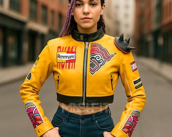 Chaqueta Rumi hecha a mano / Chaqueta de cuero amarilla Arden Cho de K-Pop Demon Hunters / Chaquetas para cosplay de Halloween