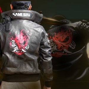 Cyberpunk 2077 V Samurai Jacket | Brown Leather Bomber | Men&#39;s Cosplay | Gaming Costume | V Game Character Outerwear