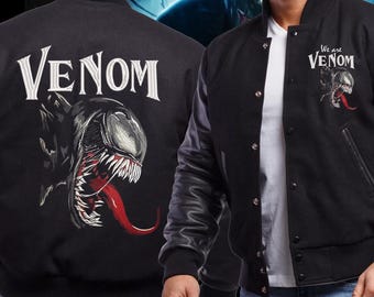 Chaqueta universitaria bordada con simbionte: diseño de veneno alienígena, lana y cuero