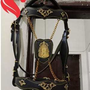 Handmade Leather Horse Bridle with Brass Ornaments & Reins