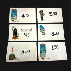Vintage 1930er Jahre Preisschild Schilder mit Weihnachtsmotiven