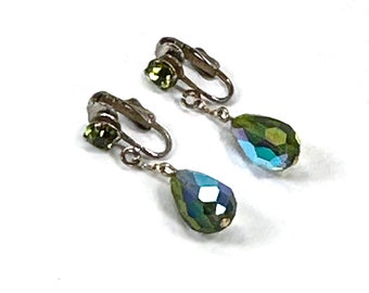 Vintage Aurora Borealis Green Clip On Drop Earrings