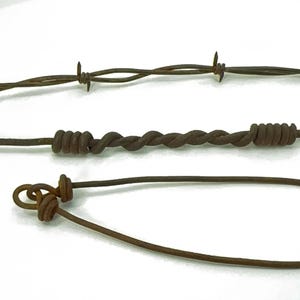 May include: Close-up of three sections of weathered, rusty barbed wire. The top section shows barbs, the middle section has a twisted design, and the bottom section has a looped end. The wire is a dark brown color against a white background.