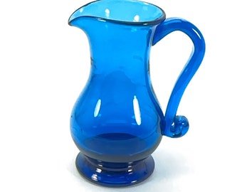 Small Blue Glass Pitcher with Scroll Handle 5 Inch Tall