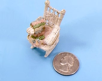 1:24 Scale Wicker Rocker Nursery Vintage White with Pink Green Blue Throw over the Arm