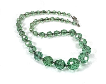 Green Crystal Necklace Graduated Faceted 1930's 8.5"