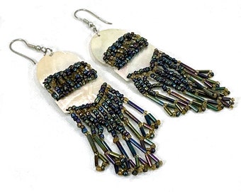 Beaded Mother of Pearl Dangle Earrings Pierced 3.75" Drop 1930