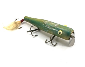 Vintage Goo Goo Eyes Fishing Lure L Cooper Co Stamford Conn Saltwater Wooden Green Orange Tail 1950's