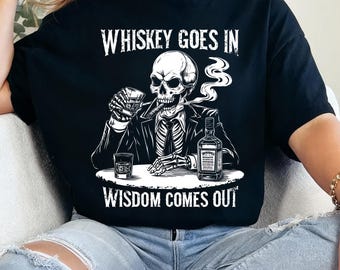 スケルトングラフィックTシャツ：バーボン愛好家への面白いギフト、ウィスキーを入れると知恵が出てくるTシャツ