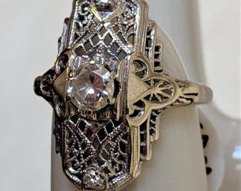 Art Deco Filigree Ring,Vintage Style Diamond Statement Ring | Elongated White Gold Cocktail Ring | Antique Style Openwork Anniversary Gift