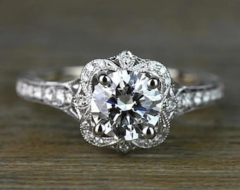 Anillo de compromiso vintage con filigrana de moissanita, anillo de diamantes art déco, anillo de novia con milgrain, regalo de aniversario de estilo antiguo, anillo de oro blanco