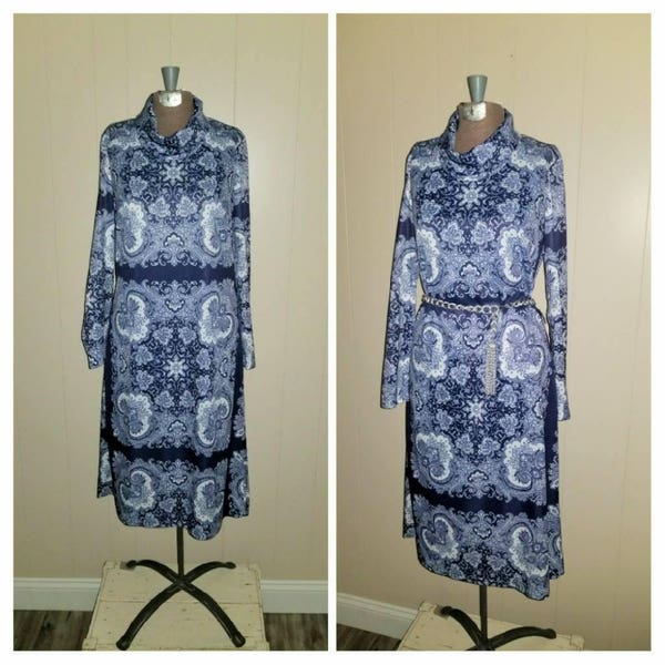 Indigo.... vintage 70s dress / long sleeve midi / day secretary / navy Biba style / boho indie hipster / ethnic op art ... S