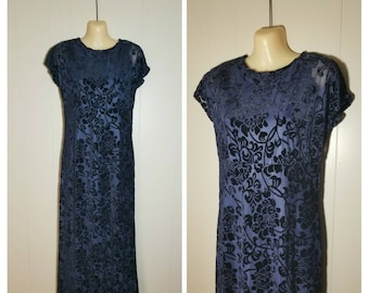 Lexi... Vintage 90er Jahre Maxi-Kleid / Burnout samt zerkleinert floral Marine blau / 1990er Jahre Moda lange Festival Grunge Boho minimalistische... XXS XS