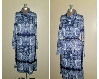 Indigo.... vintage 70s dress / long sleeve midi / day secretary / navy Biba style / boho indie hipster / ethnic op art ... S