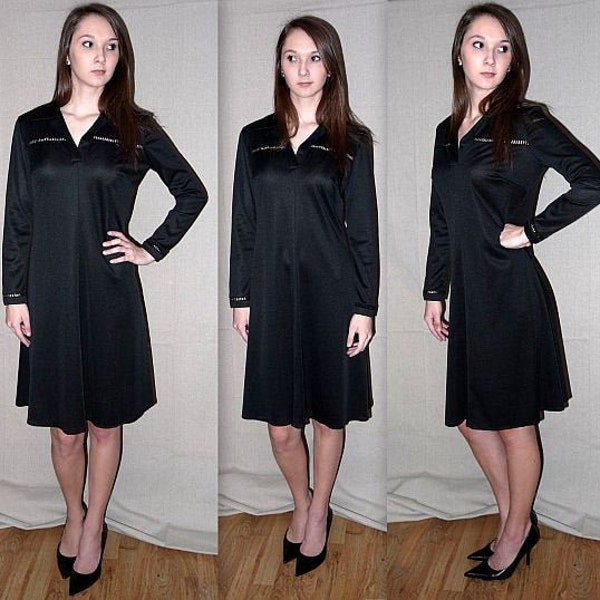 Uma ... vintage 70s day dress / 1970s black midi / cut out caged / secretary office wear / minimalist ... XS S