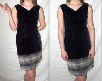 Jinx .. vintage 60s mini dress / 1960s cocktail party / black velvet mod go go / faux fur trim / LBD mad men twiggy .. XS S