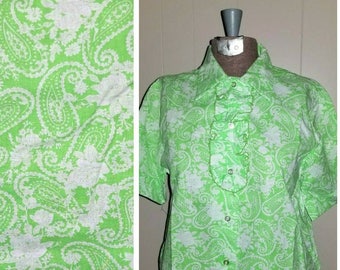 Proper Patsy ..... Vintage 60s blouse / novelty button up down / removable ruffled ascot / lime green / mid century ... S M