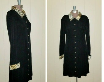 Zippity Zoo .. Vintage 80s 90s mini dress / leopard trim faux fur / black knit suit coat / animal print a line .. M L / bust 38