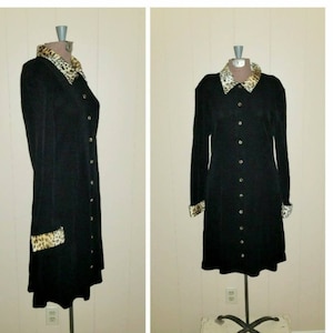 Zippity Zoo .. Vintage 80s 90s mini dress / leopard trim faux fur / black knit suit coat / animal print a line .. M L / bust 38