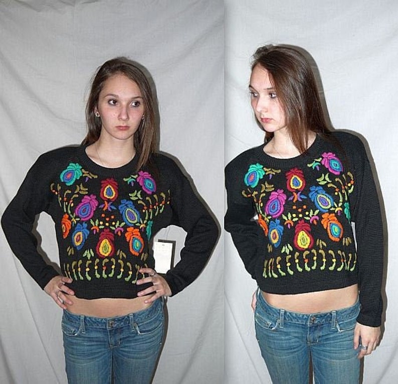 16 candles ... Vintage 80s crop top sweater / 90s cropped boxy / knit pullover midriff / NWT deadstock ... S M / bust 42 image 1