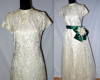 Nuptials .... vintage 60s wedding dress / 1960s bridal gown / mod formal cocktail / ivory brocade / mid century mad men .. XXS XS