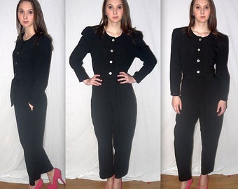 Her alibi .. vintage 80s jumpsuit / 1980s romper 1 one pc piece / playsuit pantsuit / high waist waisted / black belted puff sleeve  / XS S