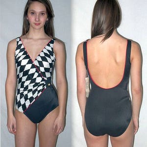 Hot spot ... Vintage 70s 80s Sirena swimsuit / bathing wrap maillot / black harlequin / one 1 piece pc / deadstock unworn  .. XS