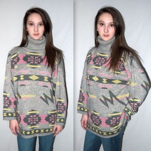 New rave ... Vintage 80s oversize sweater / slouchy tunic / new wave geometric knit pullover / southwestern aztec ..  M L XL / bust 44