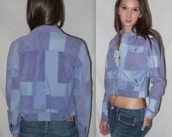 Express yourself ... vintage 80s 90s crop jacket / 1980s trucker / color block patchwork / womens cropped / purple lavender XXS XS S