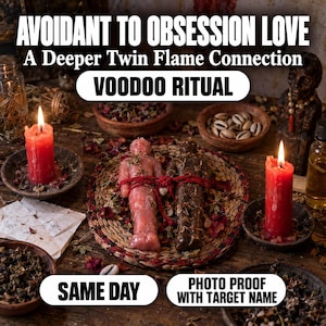 May include: A voodoo ritual set featuring two human-shaped candles, one pink and one dark brown, bound together with red string. The scene includes two lit red pillar candles, bowls of dried herbs, cowrie shells, and a note with the text You and Me.