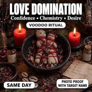 May include: Two tan fabric dolls wrapped in red string with a heart charm inside a dark bowl filled with dried rose petals. Two red candles, two small glass bottles labeled Love Attraction Oil and Passion Devotion Return, and a note with handwritten text.