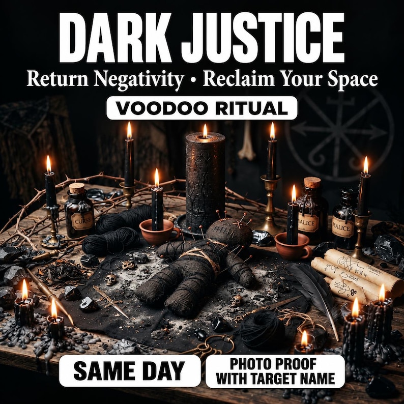 May include: A voodoo ritual set featuring a dark fabric doll with pins, surrounded by black candles, glass bottles labeled Curse and Malice, scrolls with symbols, and black yarn. Text reads DARK JUSTICE, Return Negativity, Reclaim Your Space, VOODOO RITUAL, SAME DAY, and PHOTO PROOF WITH TARGET NAME.