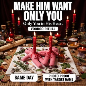 Könnte beinhalten: Zwei rosa Stoffpuppen mit gestickten Gesichtszügen, jede durchbohrt von einer roten Kerze mit schmelzendem Wachs. Der Text lautet: MAKE HIM WANT ONLY YOU, Only You in His Heart, VOODOO RITUAL, SAME DAY, PHOTO PROOF WITH TARGET NAME.