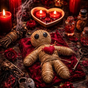 May include: A voodoo doll with button eyes and a red heart, surrounded by candles, roses, and potion bottles. The scene is set on a dark wooden surface with a red velvet cloth, creating a mystical and spiritual ambiance.