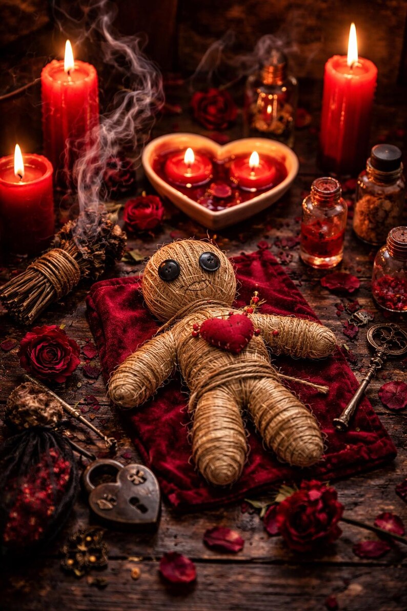 May include: A voodoo doll with button eyes and a red heart, surrounded by candles, roses, and potion bottles. The scene is set on a dark wooden surface with a red velvet cloth, creating a mystical and spiritual ambiance.
