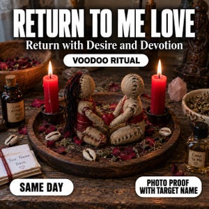 May include: Two hessian dolls with stitched features and red thread accents sit on a wooden tray, holding a small red heart. The scene includes two red candles, scattered rose petals, small shells, and glass bottles labelled Love Attract You and Come To Me.